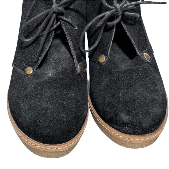 Lucky Brand June black leather suede lace up ankle bootie wedge washed casual - Picture 7 of 10